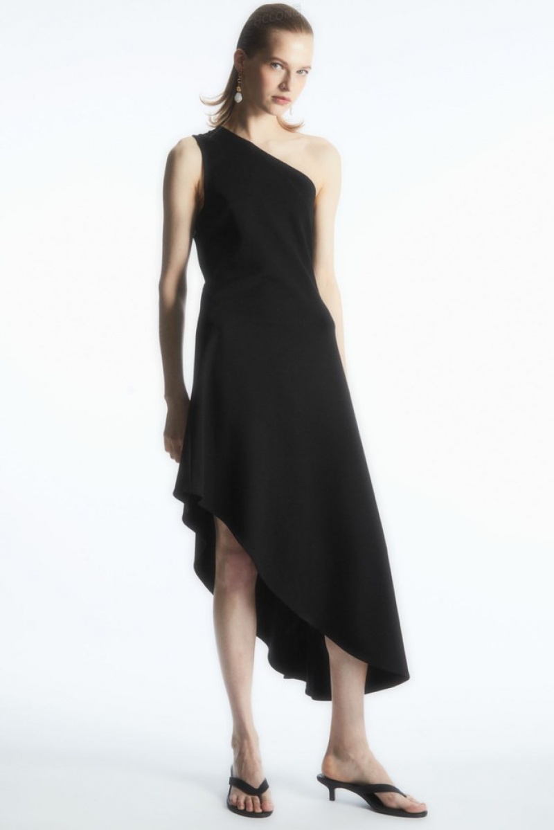 Black COS Asymmetric One-Shoulder Midi Dress Dresses | 203861-MGH