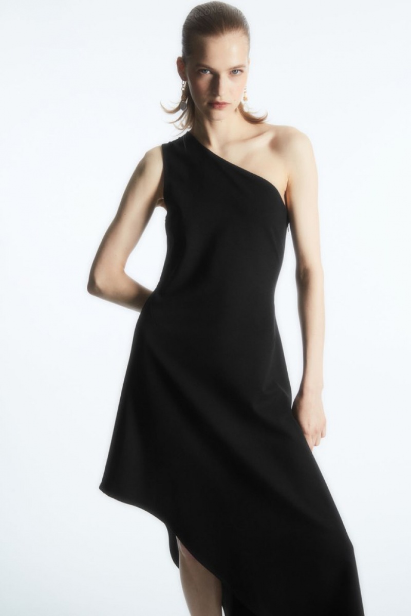 Black COS Asymmetric One-Shoulder Midi Dress Dresses | 203861-MGH