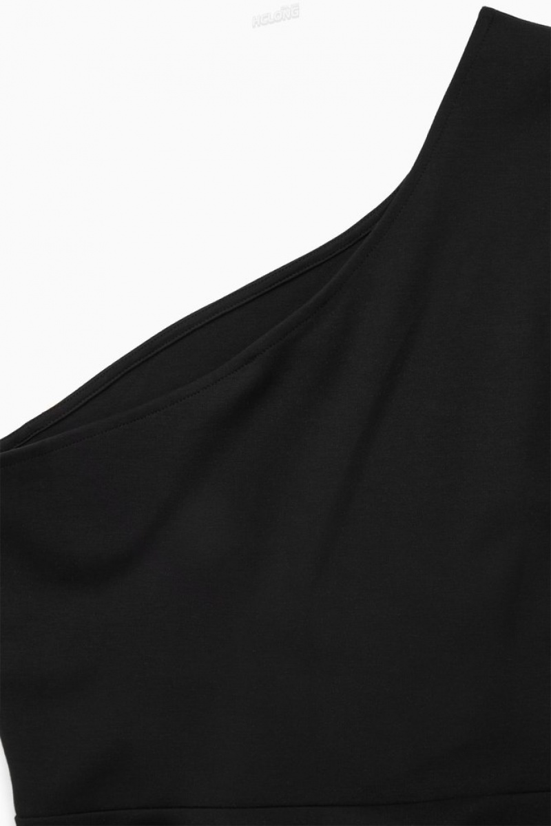 Black COS Asymmetric One-Shoulder Midi Dress Dresses | 203861-MGH