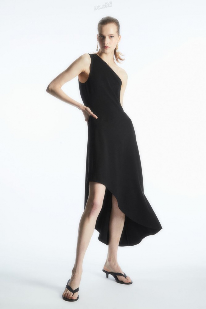 Black COS Asymmetric One-Shoulder Midi Dress Dresses | 203861-MGH