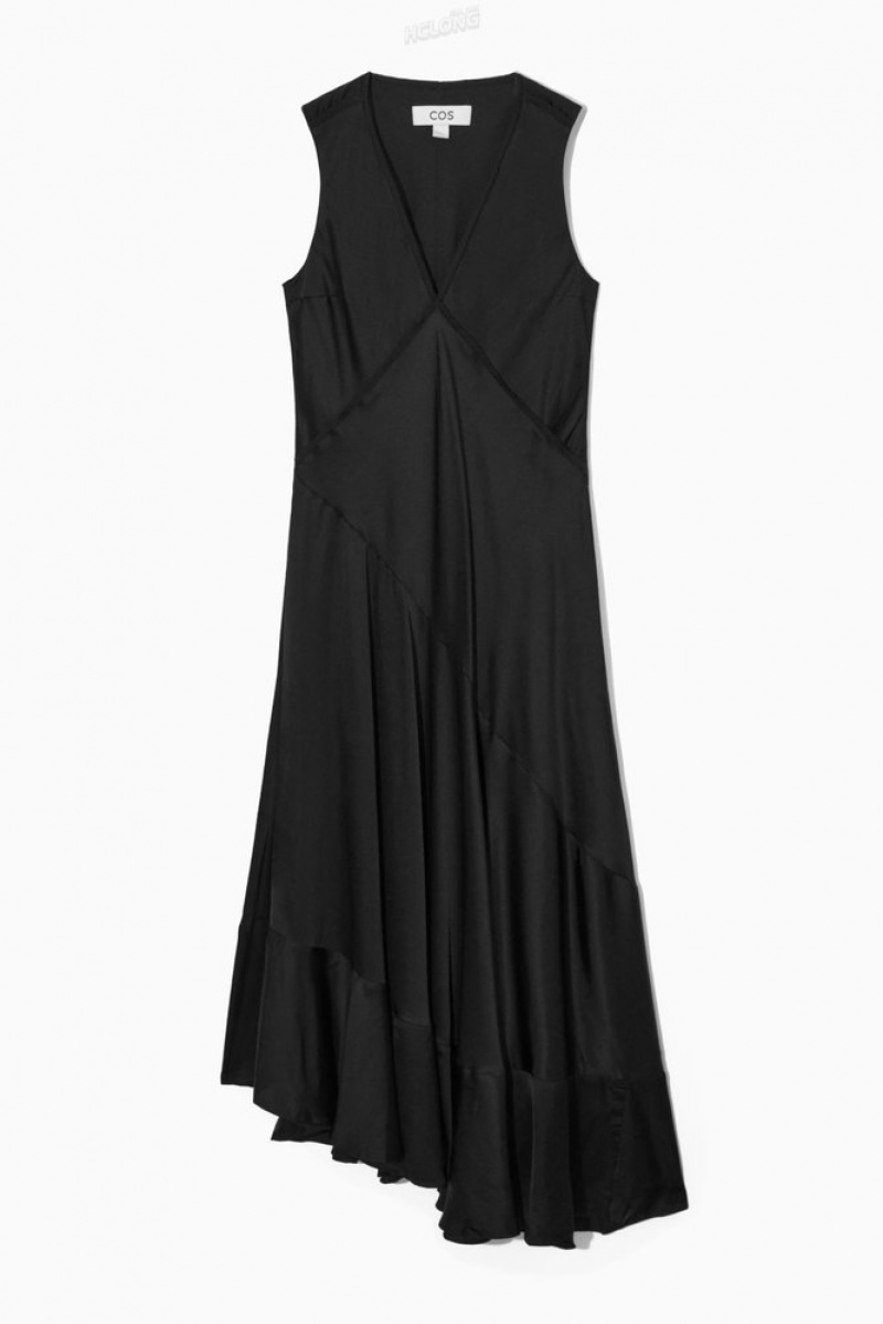 Black COS Asymmetric Satin Midi Dress Dresses | 516397-FRO