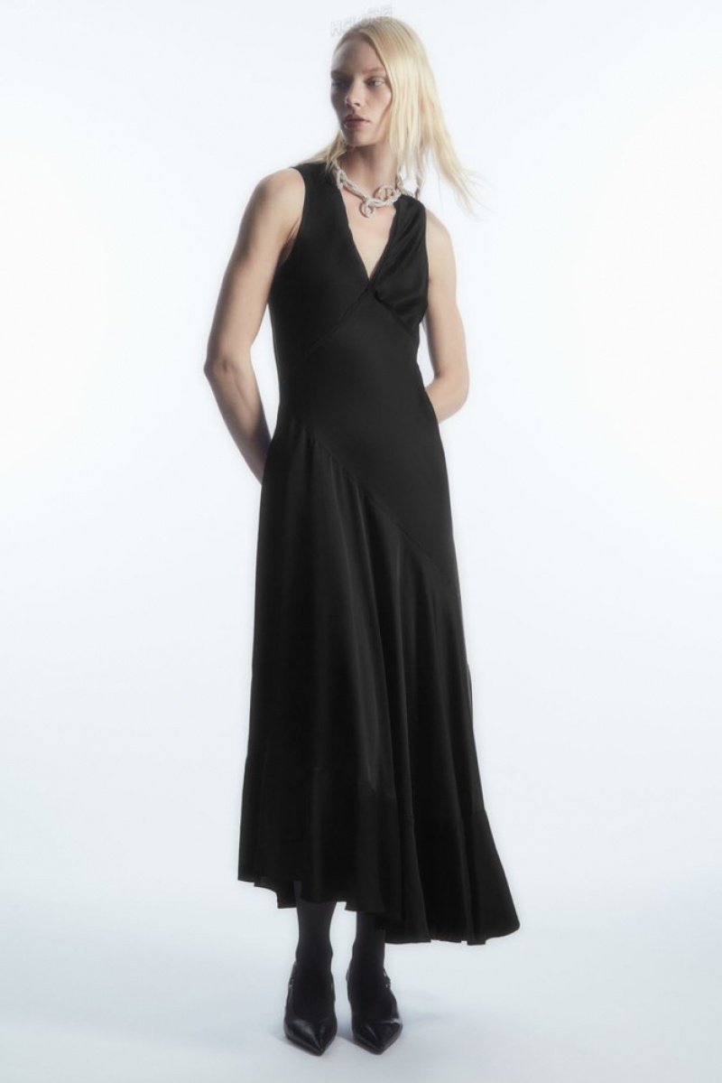 Black COS Asymmetric Satin Midi Dress Dresses | 516397-FRO