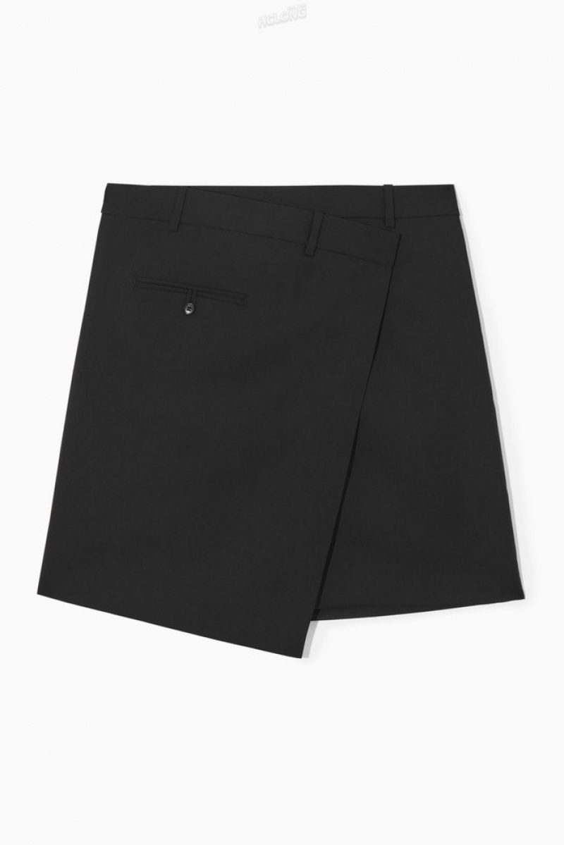 Black COS Asymmetric Wool Mini Wrap Skirt Skirts | 726351-VOT