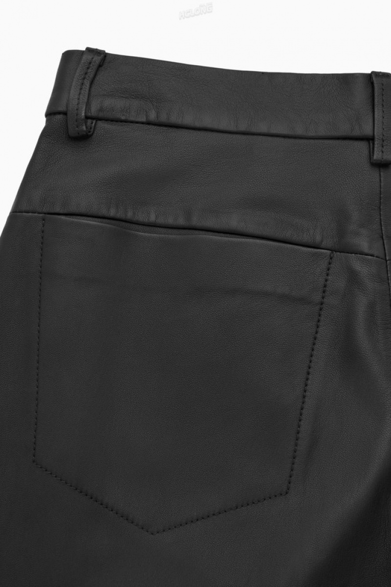 Black COS Barrel-Leg Leather Trousers Trousers | 260857-UYM