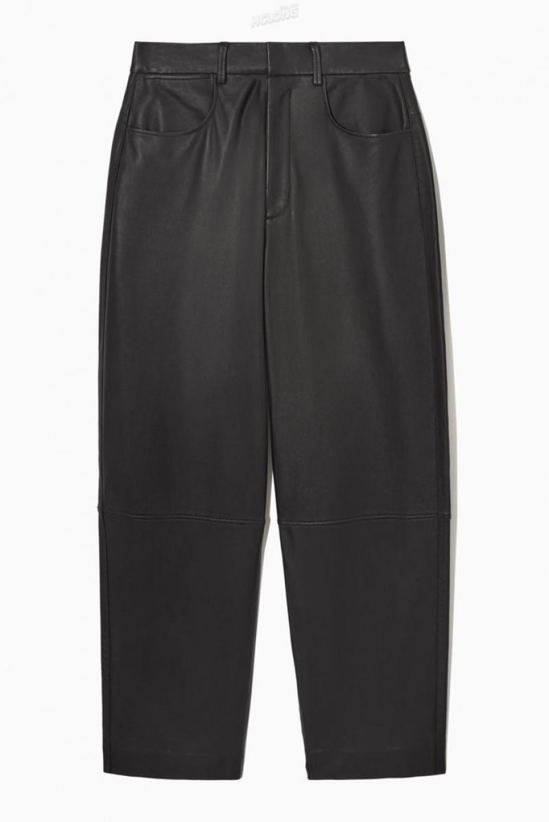 Black COS Barrel-Leg Leather Trousers Trousers | 260857-UYM