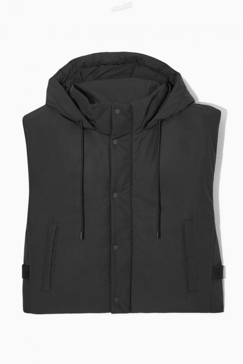 Black COS Buckled-Side Padded Hooded Gilet Coats & Jackets | 514923-JVL