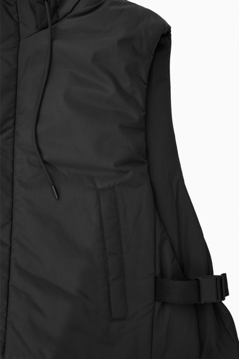 Black COS Buckled-Side Padded Hooded Gilet Coats & Jackets | 514923-JVL