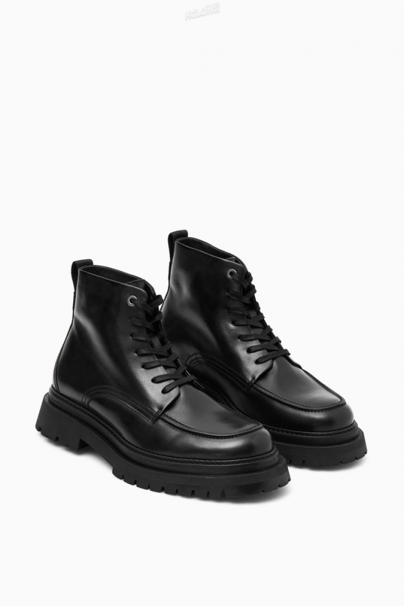 Black COS Chunky Leather Lace-Up Boots Boots | 280619-ARK