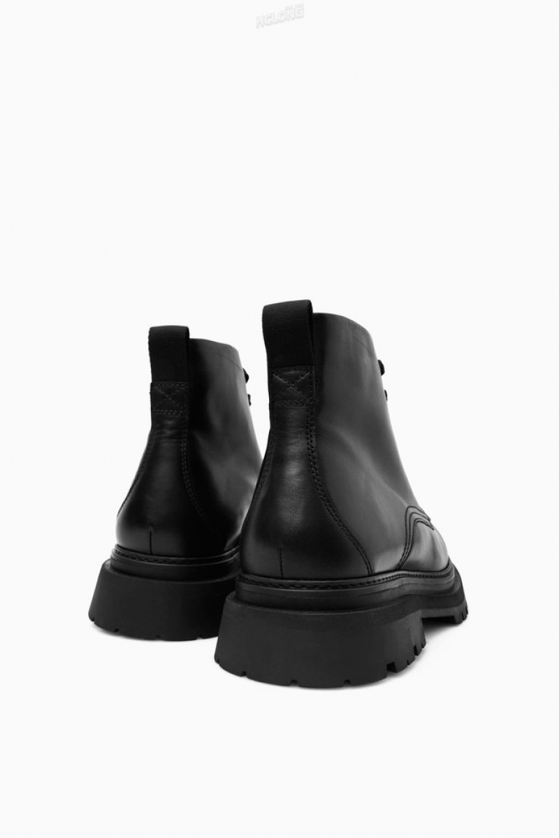 Black COS Chunky Leather Lace-Up Boots Boots | 280619-ARK