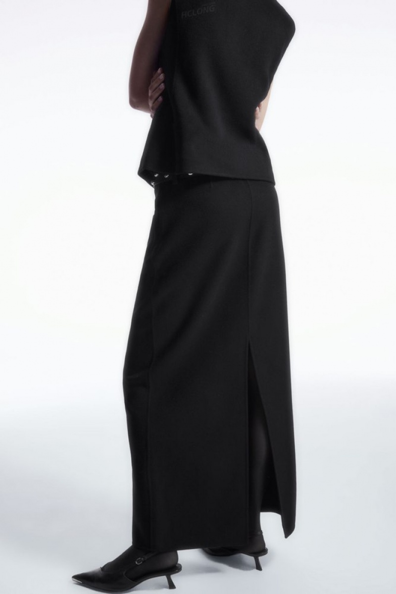 Black COS Double-Faced Wool Column Maxi Skirt Skirts | 841572-FXQ