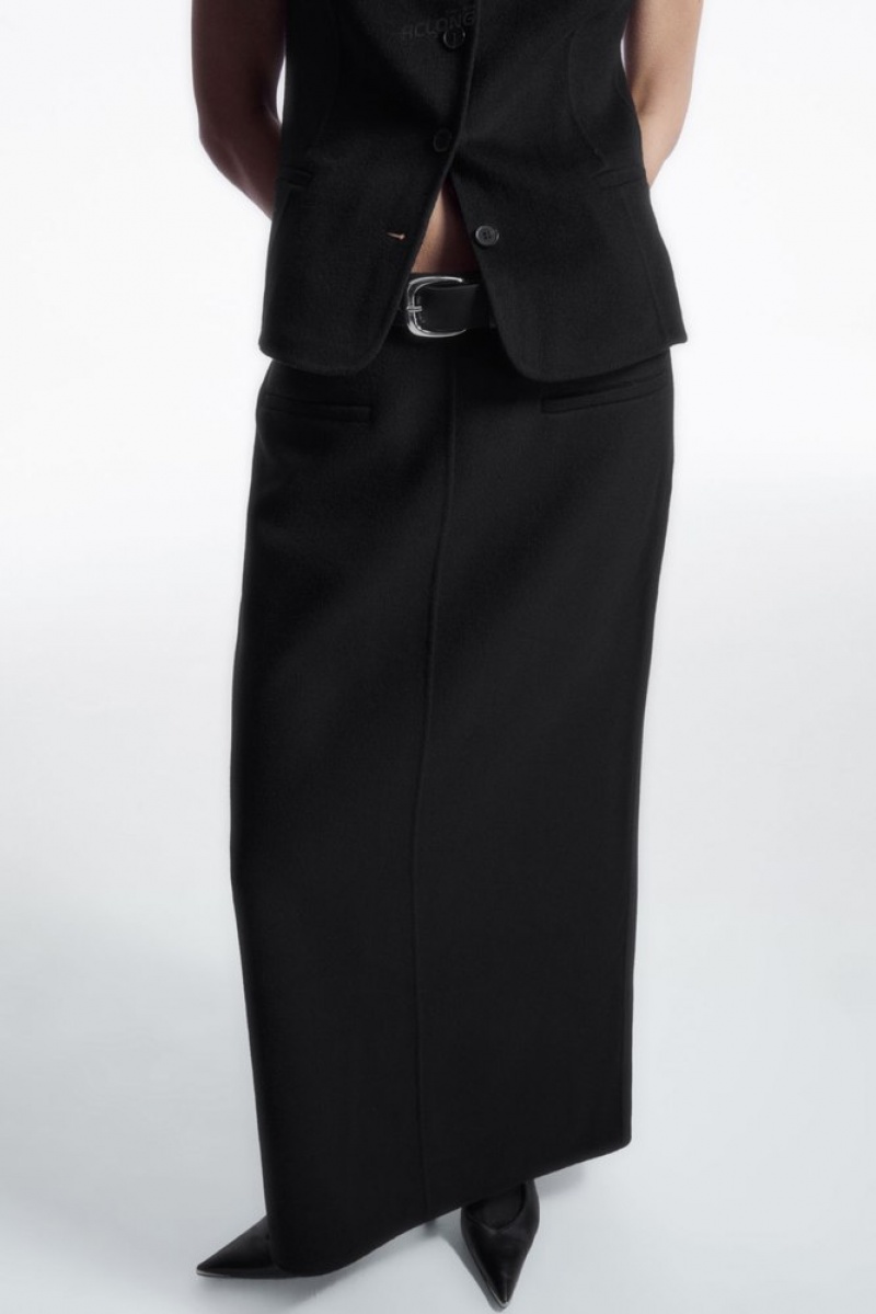 Black COS Double-Faced Wool Column Maxi Skirt Skirts | 841572-FXQ