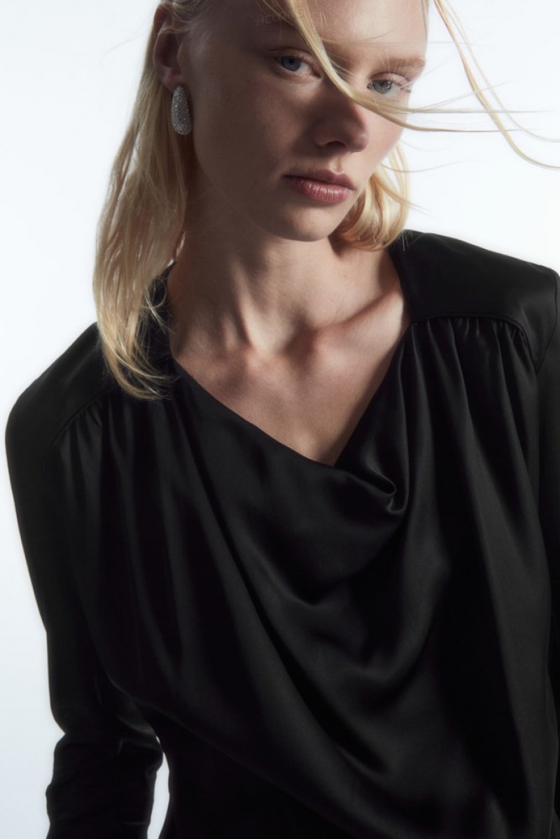 Black COS Draped Cowl-Neck Satin Top Tops | 134502-SFU