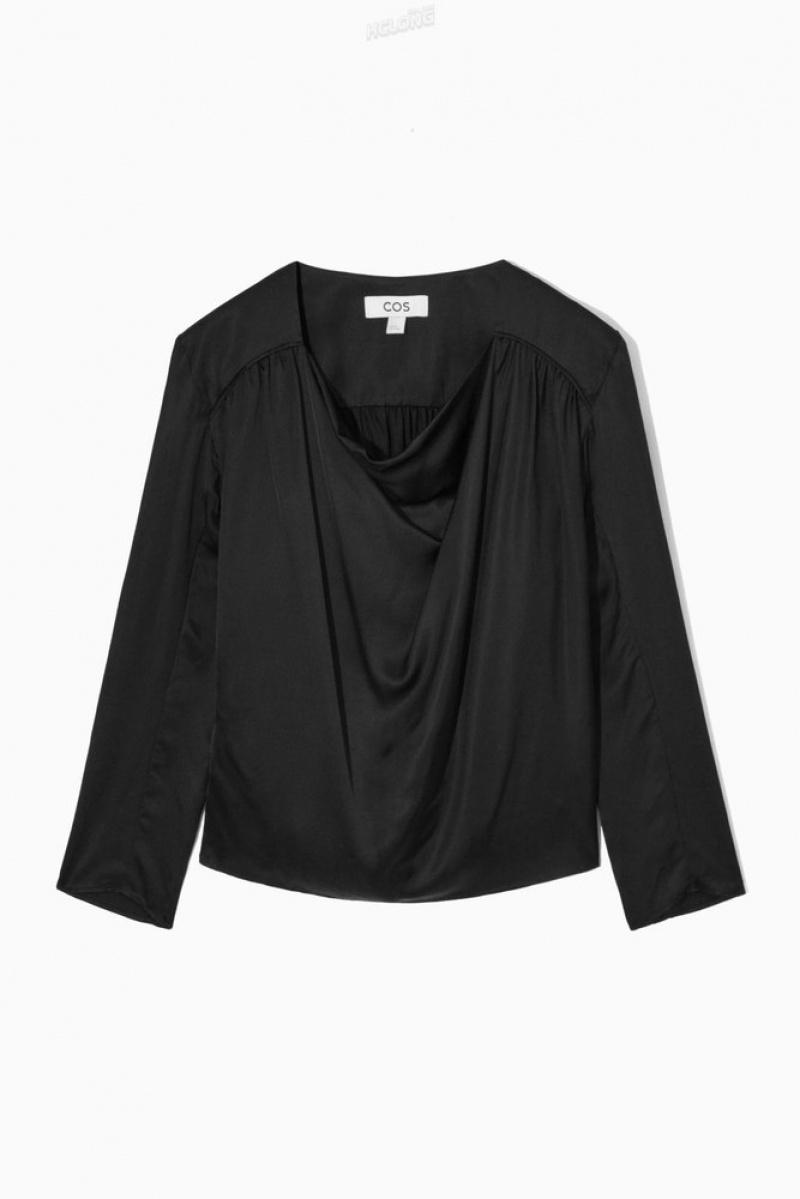 Black COS Draped Cowl-Neck Satin Top Tops | 134502-SFU