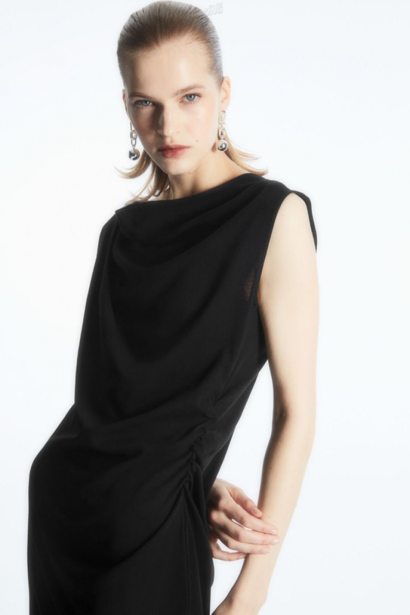 Black COS Draped Sleeveless Dress Dresses | 743598-EAB