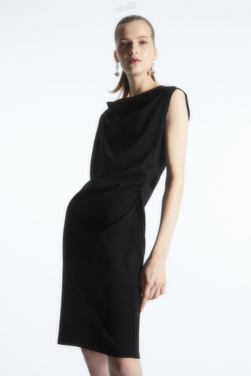 Black COS Draped Sleeveless Dress Dresses | 743598-EAB