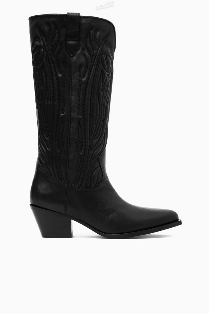 Black COS Embroidered Leather Cowboy Boots Boots | 976258-HEQ