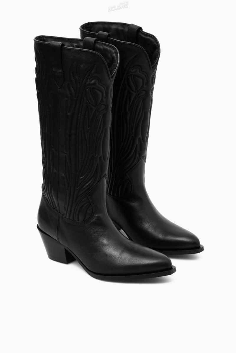 Black COS Embroidered Leather Cowboy Boots Boots | 976258-HEQ