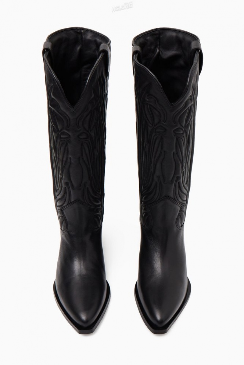 Black COS Embroidered Leather Cowboy Boots Boots | 976258-HEQ