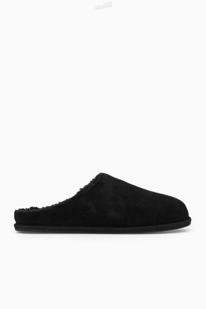 Black COS Fleece-Lined Suede Slippers Slippers | 137652-VEC