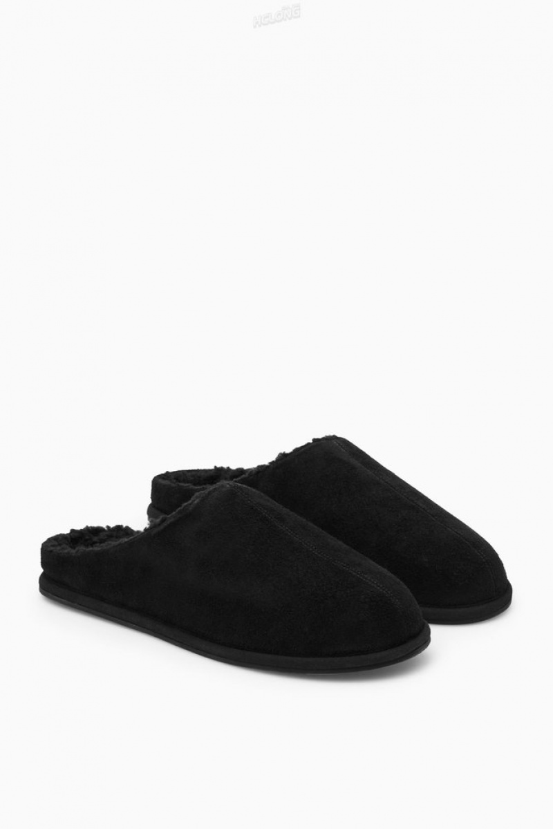 Black COS Fleece-Lined Suede Slippers Slippers | 137652-VEC