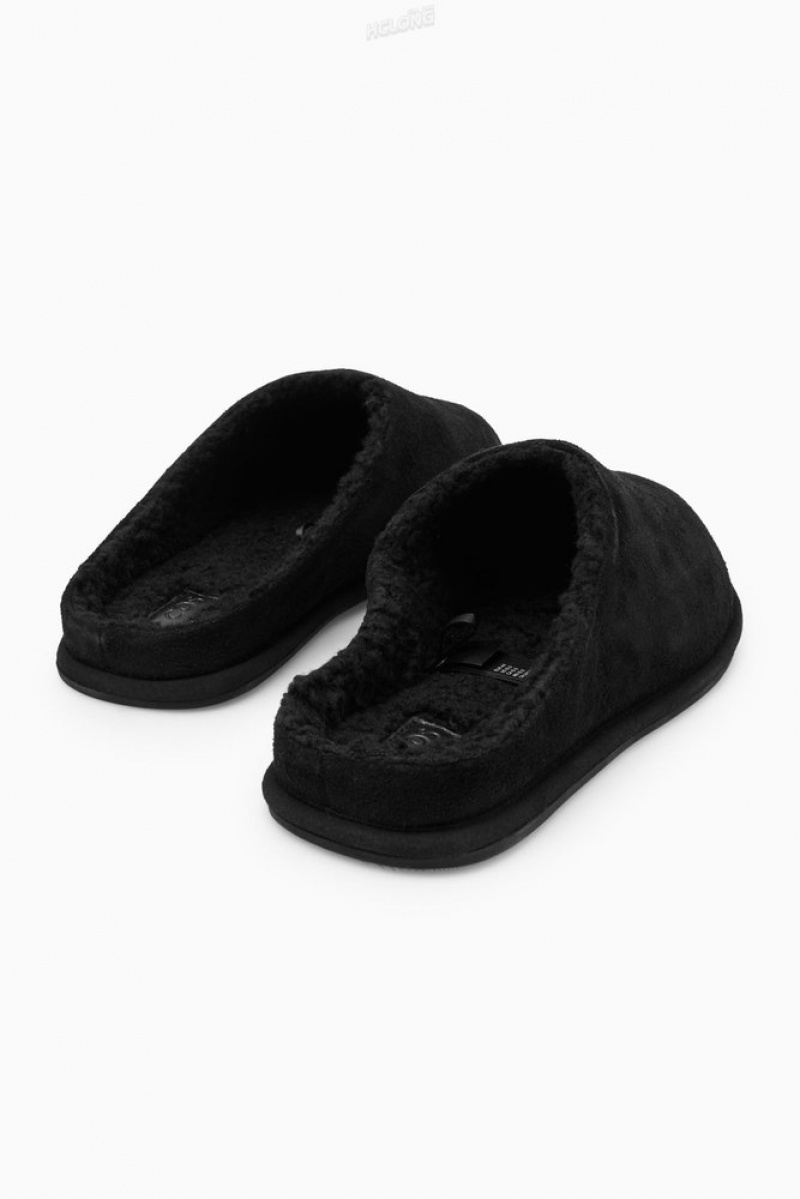 Black COS Fleece-Lined Suede Slippers Slippers | 137652-VEC