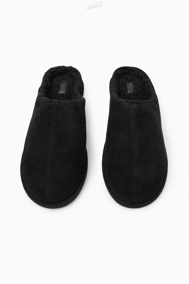 Black COS Fleece-Lined Suede Slippers Slippers | 137652-VEC