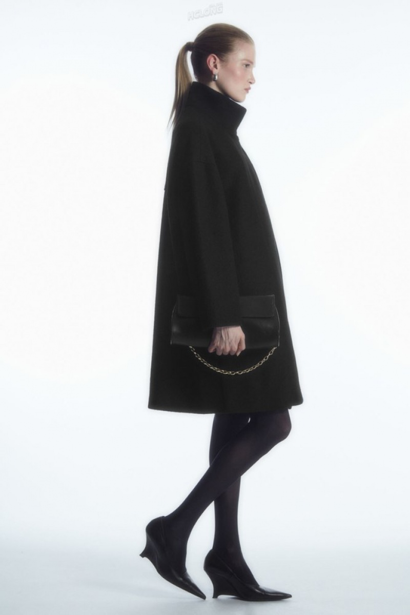 Black COS Funnel-Neck Boiled-Wool Coat Coats & Jackets | 985267-UZQ