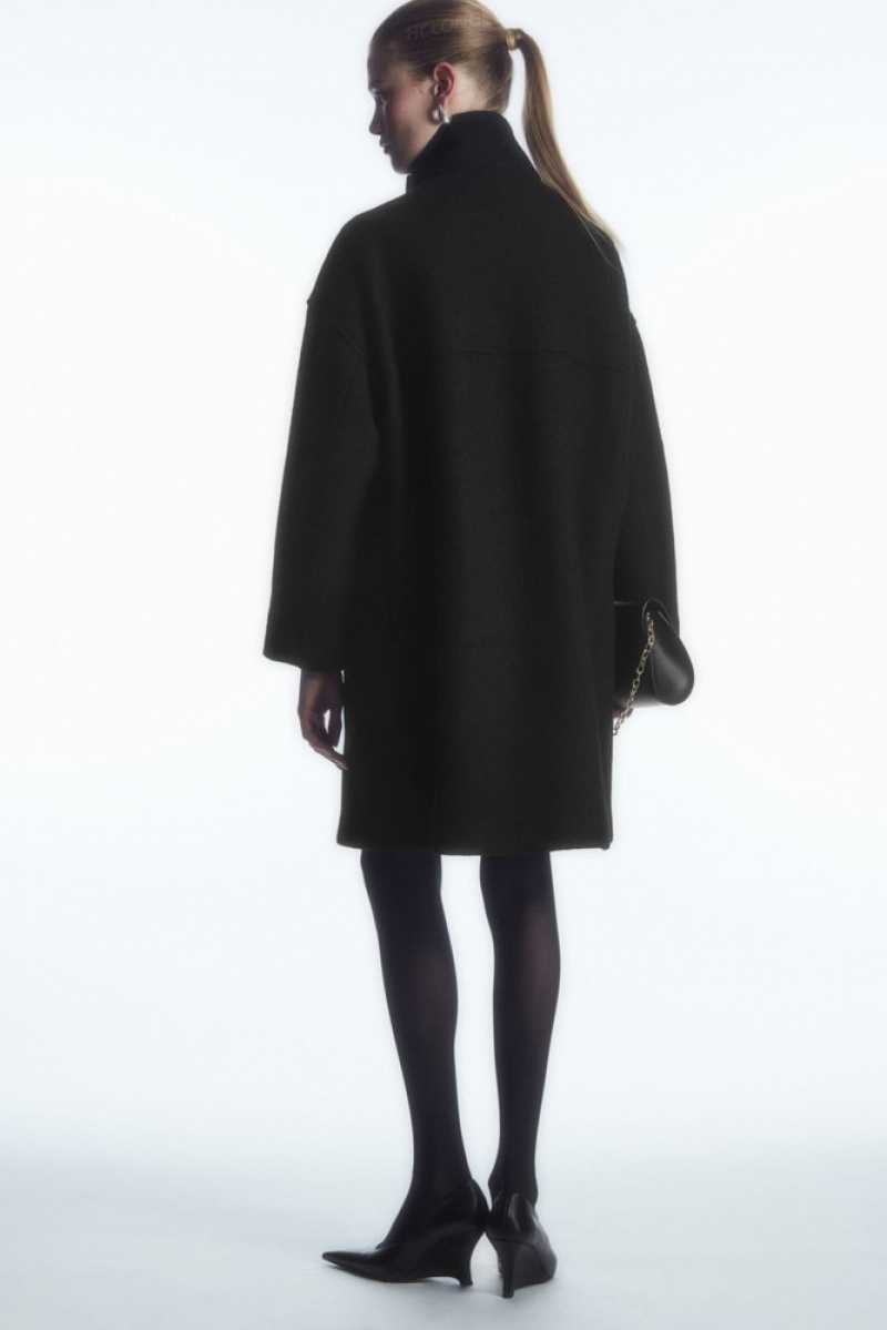 Black COS Funnel-Neck Boiled-Wool Coat Coats & Jackets | 985267-UZQ