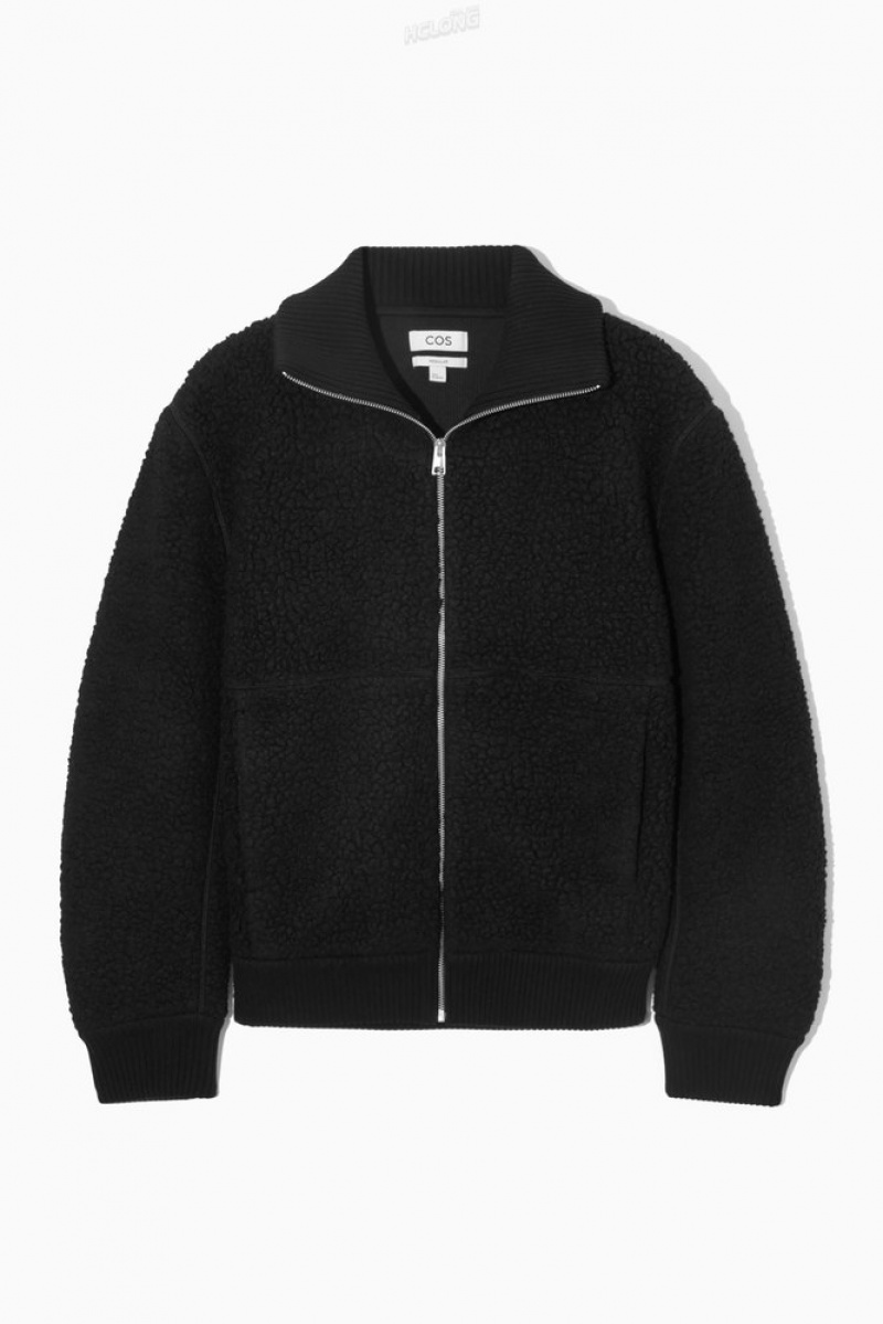 Black COS Funnel-Neck Teddy Jacket Coats & Jackets | 075468-HIR