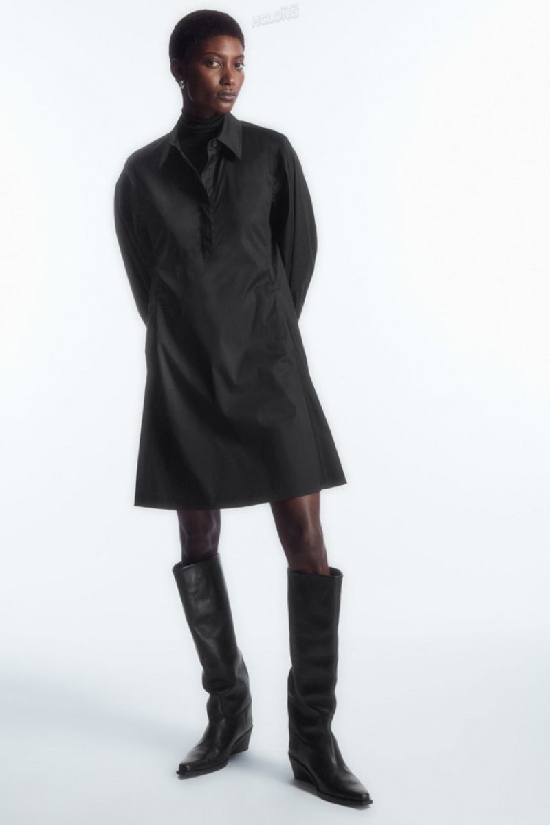 Black COS Gathered-Sleeve Mini Shirt Dress Dresses | 315480-XSV