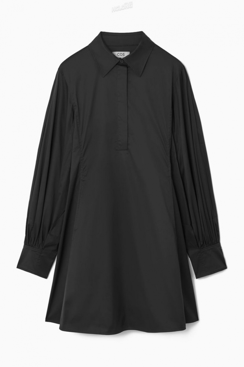 Black COS Gathered-Sleeve Mini Shirt Dress Dresses | 315480-XSV