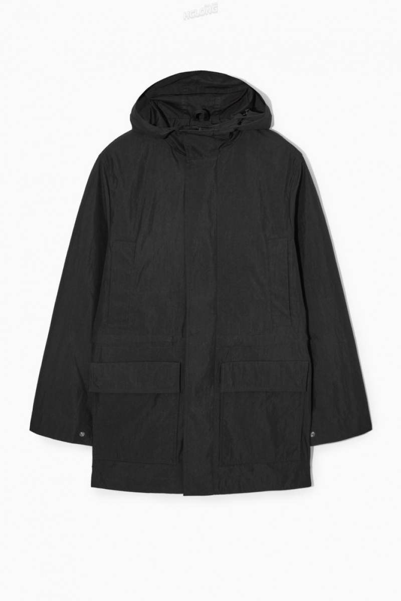 Black COS Hooded Nylon Parka Coats & Jackets | 591602-BFT