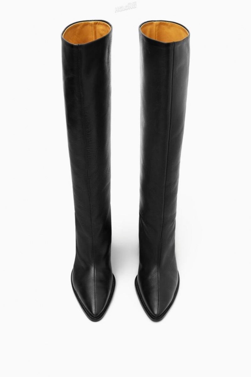 Black COS Knee-High Pointed Leather Boots Boots | 264870-FIT