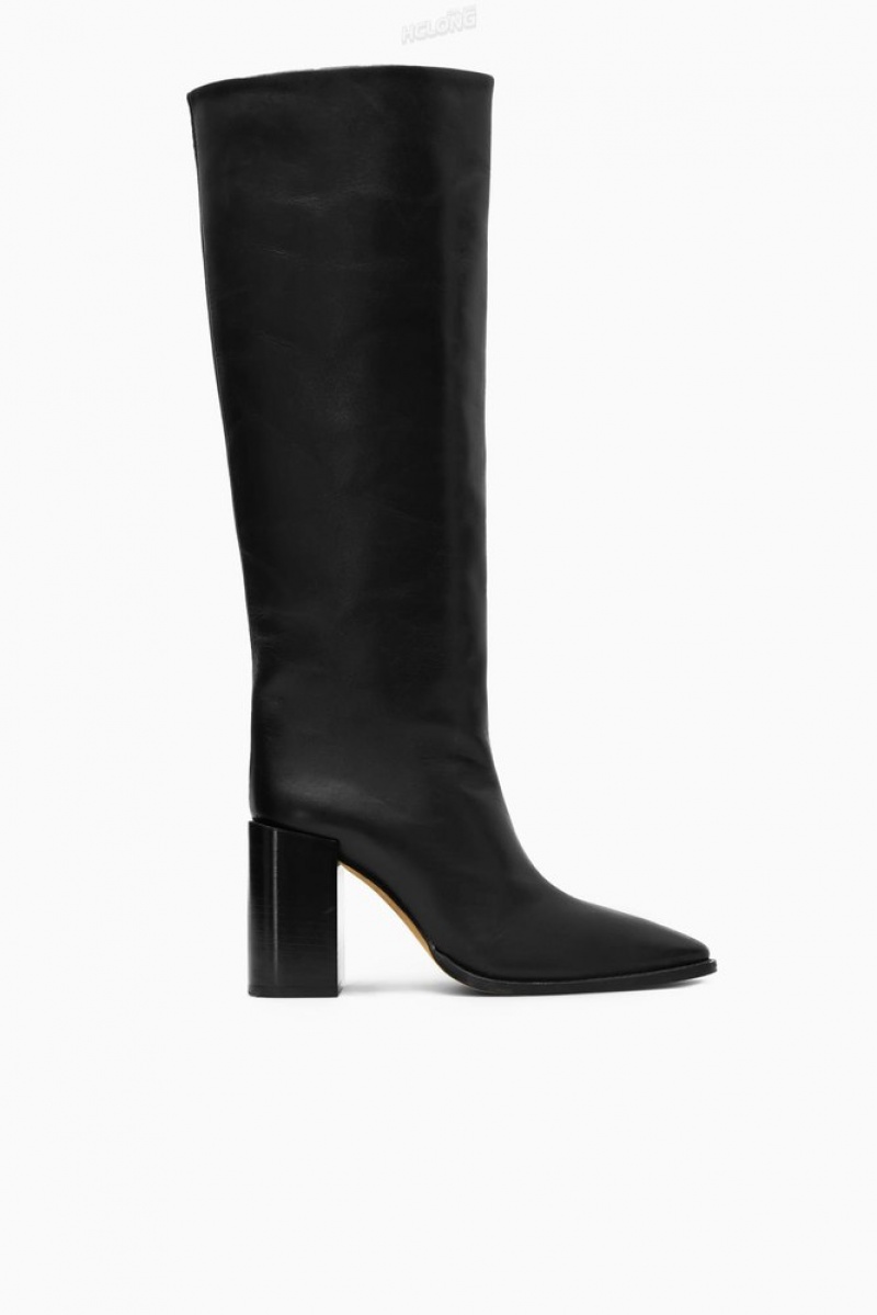 Black COS Knee-High Pointed Leather Boots Boots | 264870-FIT