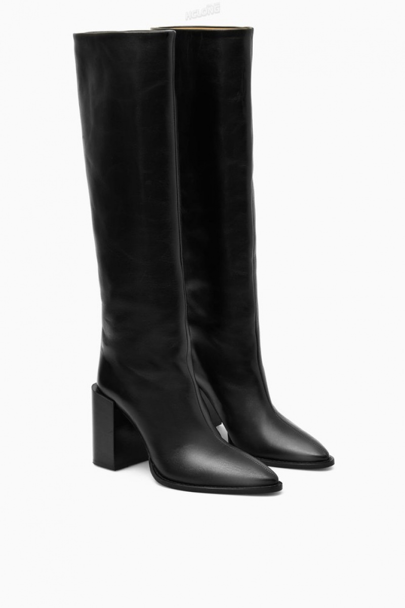 Black COS Knee-High Pointed Leather Boots Boots | 264870-FIT