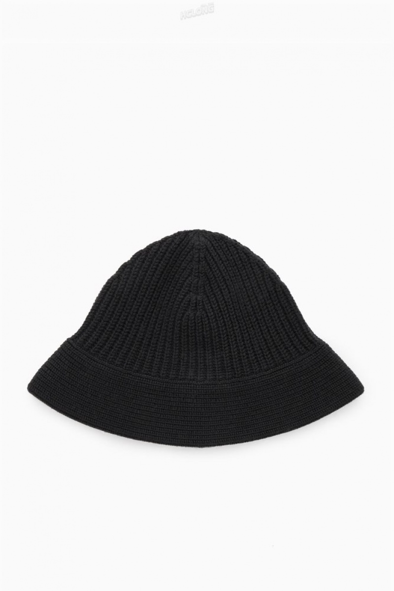 Black COS Knitted Merino Wool Bucket Hat Hats | 847915-UJX