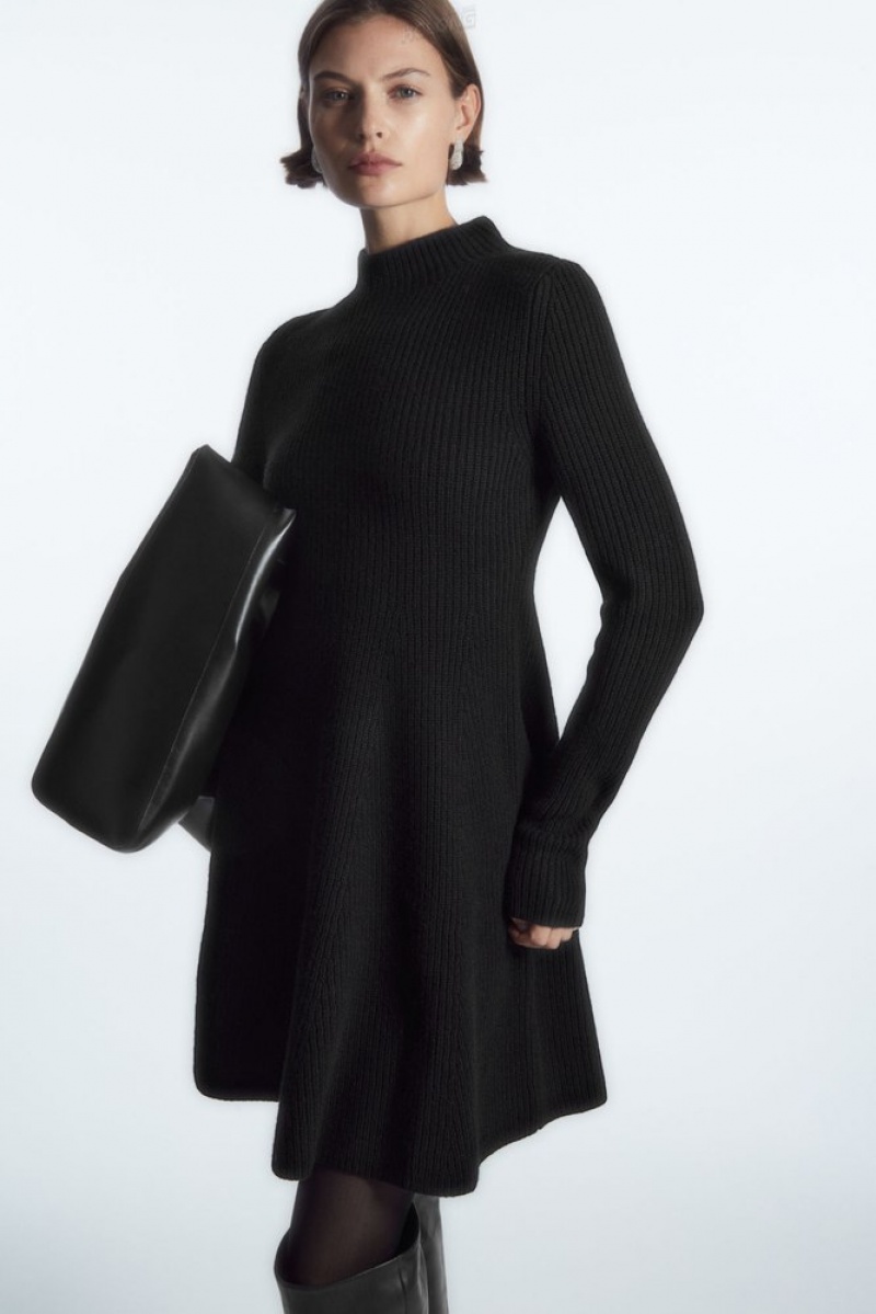 Black COS Knitted Wool Flared Mini Dress Dresses | 315248-VKI