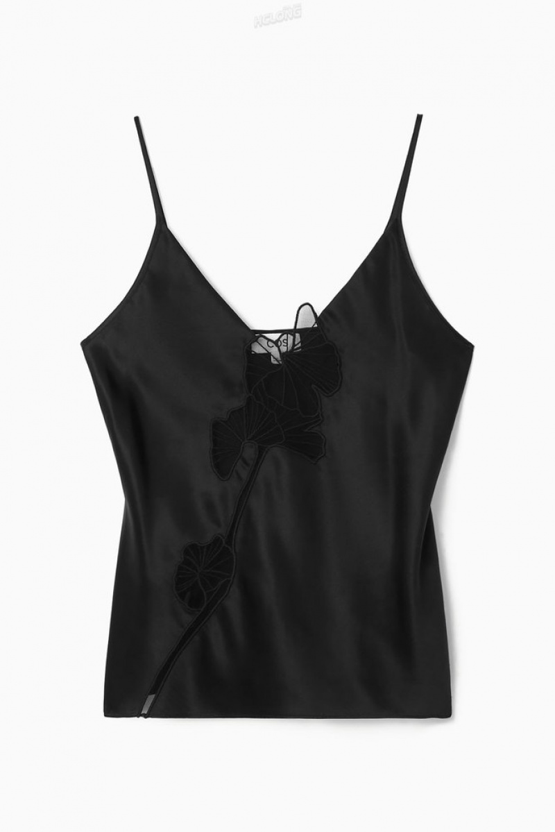 Black COS Lace-Paneled Silk Camisole Tops | 105982-JHA