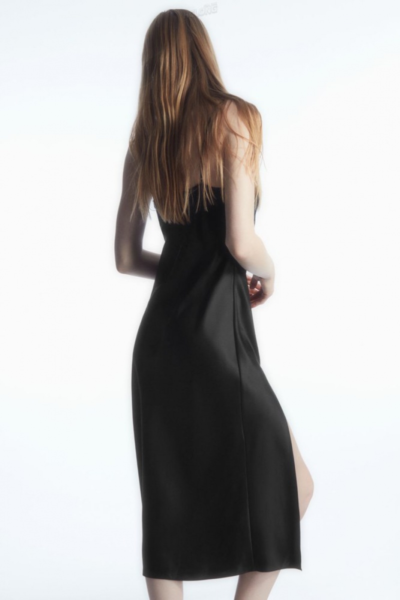 Black COS Lace-Paneled Silk Slip Dress Dresses | 043915-PSY