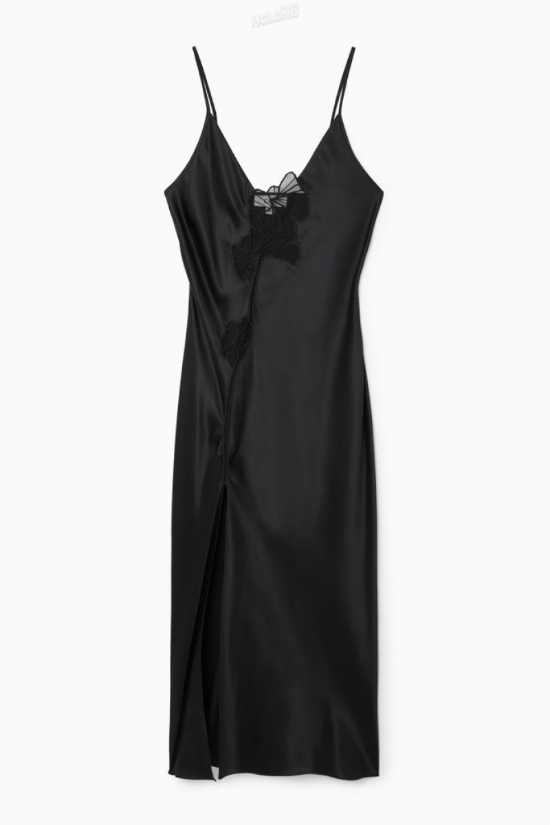 Black COS Lace-Paneled Silk Slip Dress Dresses | 043915-PSY