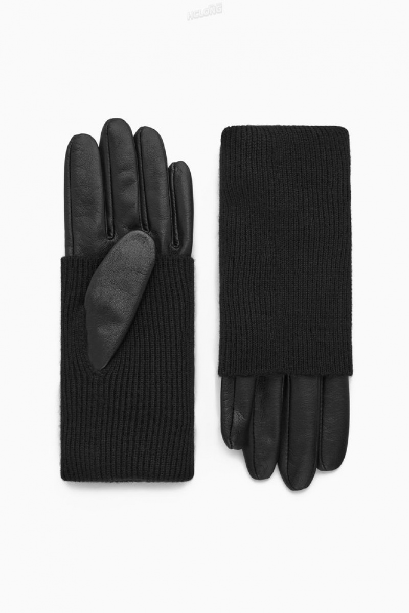 Black COS Layered Leather Gloves Gloves | 196407-TZJ