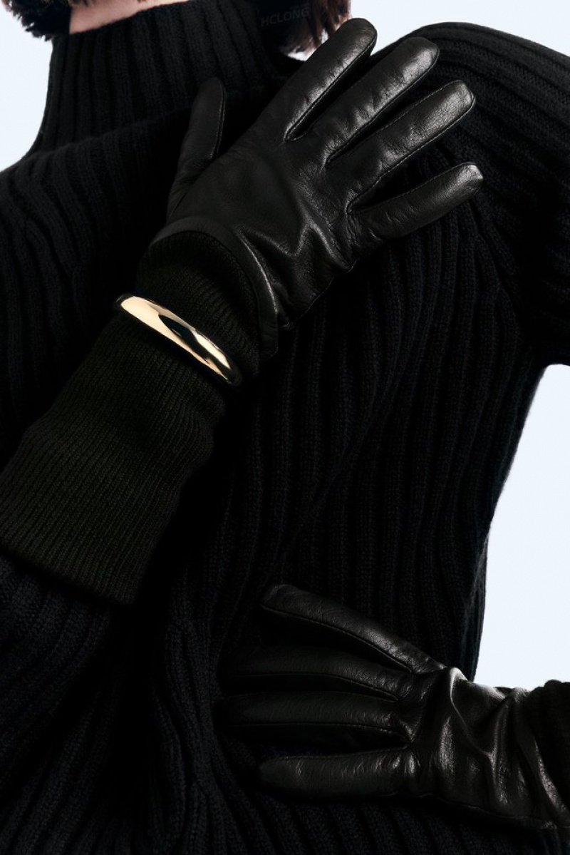 Black COS Layered Leather Gloves Gloves | 196407-TZJ