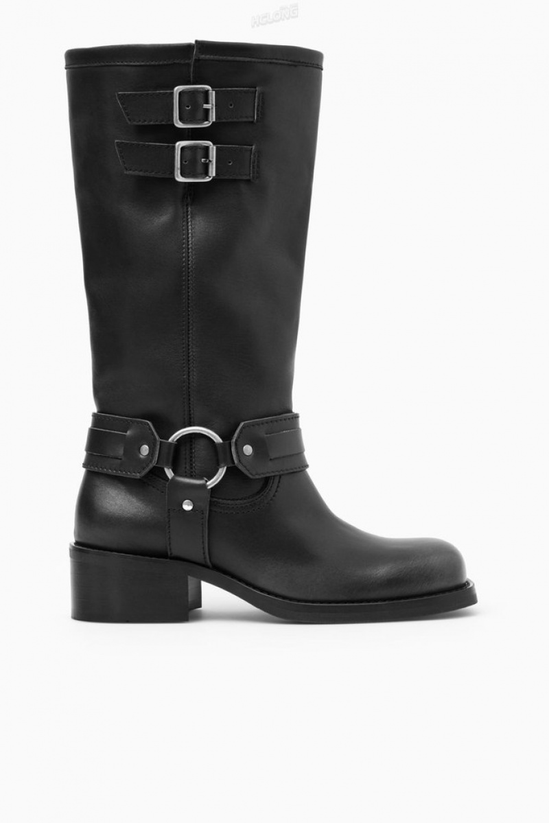 Black COS Leather Biker Boots Boots | 519067-UNM