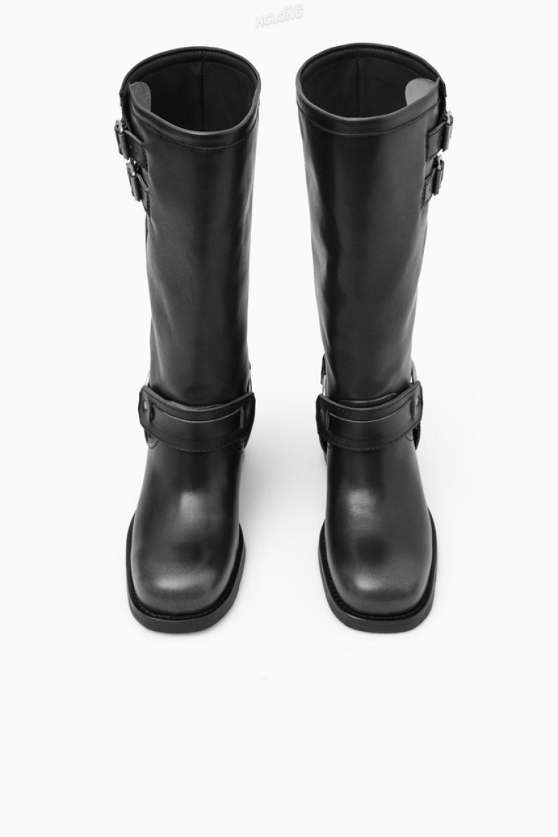 Black COS Leather Biker Boots Boots | 519067-UNM