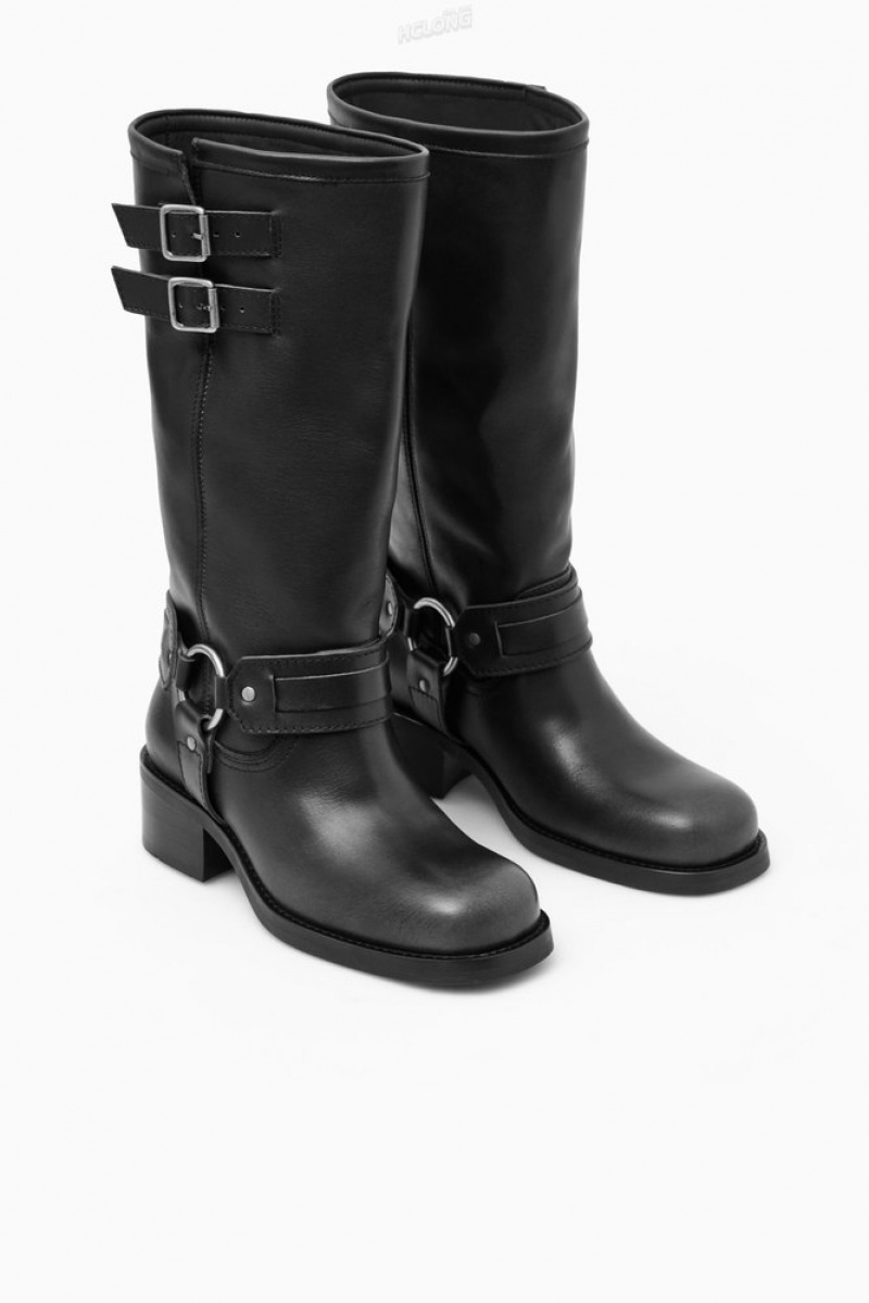 Black COS Leather Biker Boots Boots | 519067-UNM