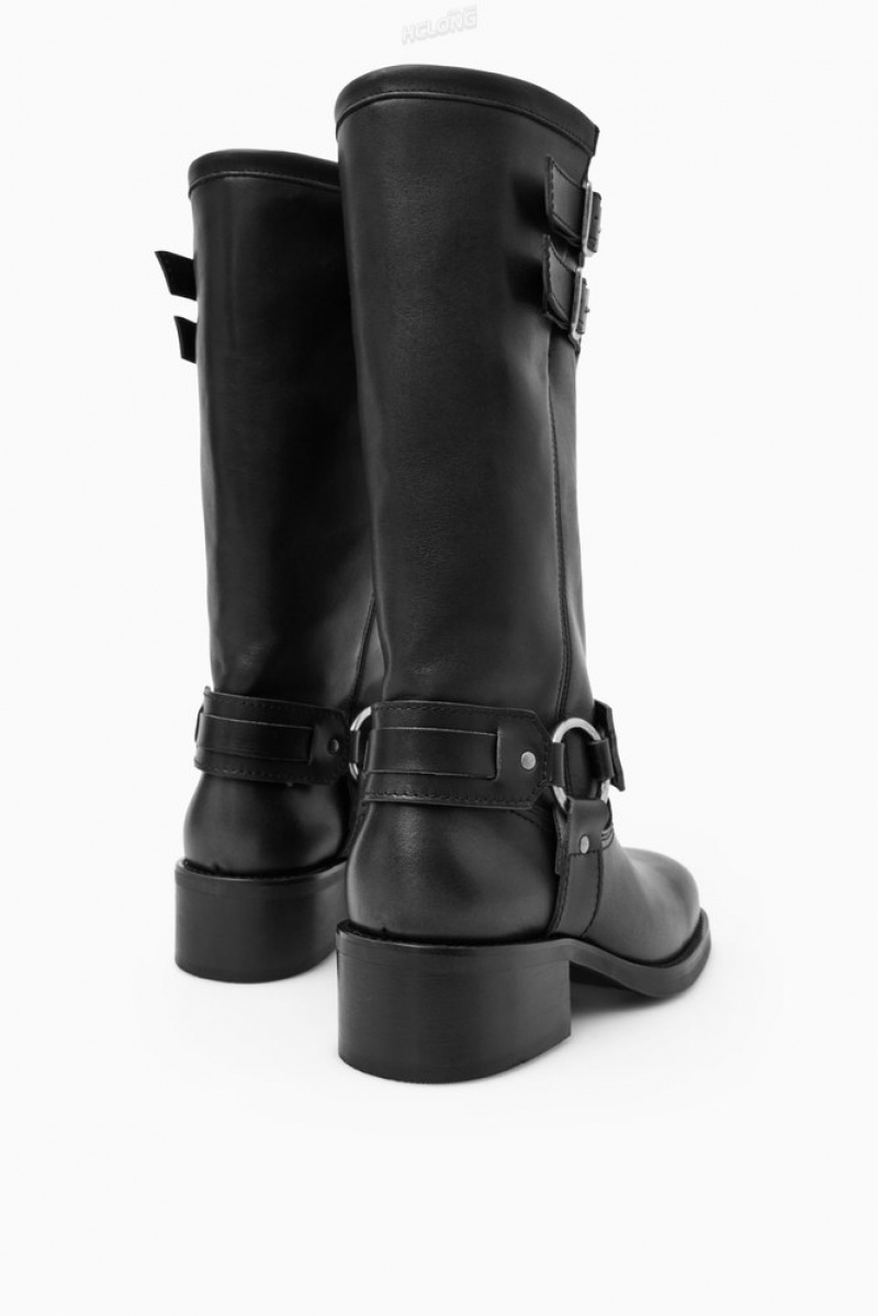 Black COS Leather Biker Boots Boots | 519067-UNM