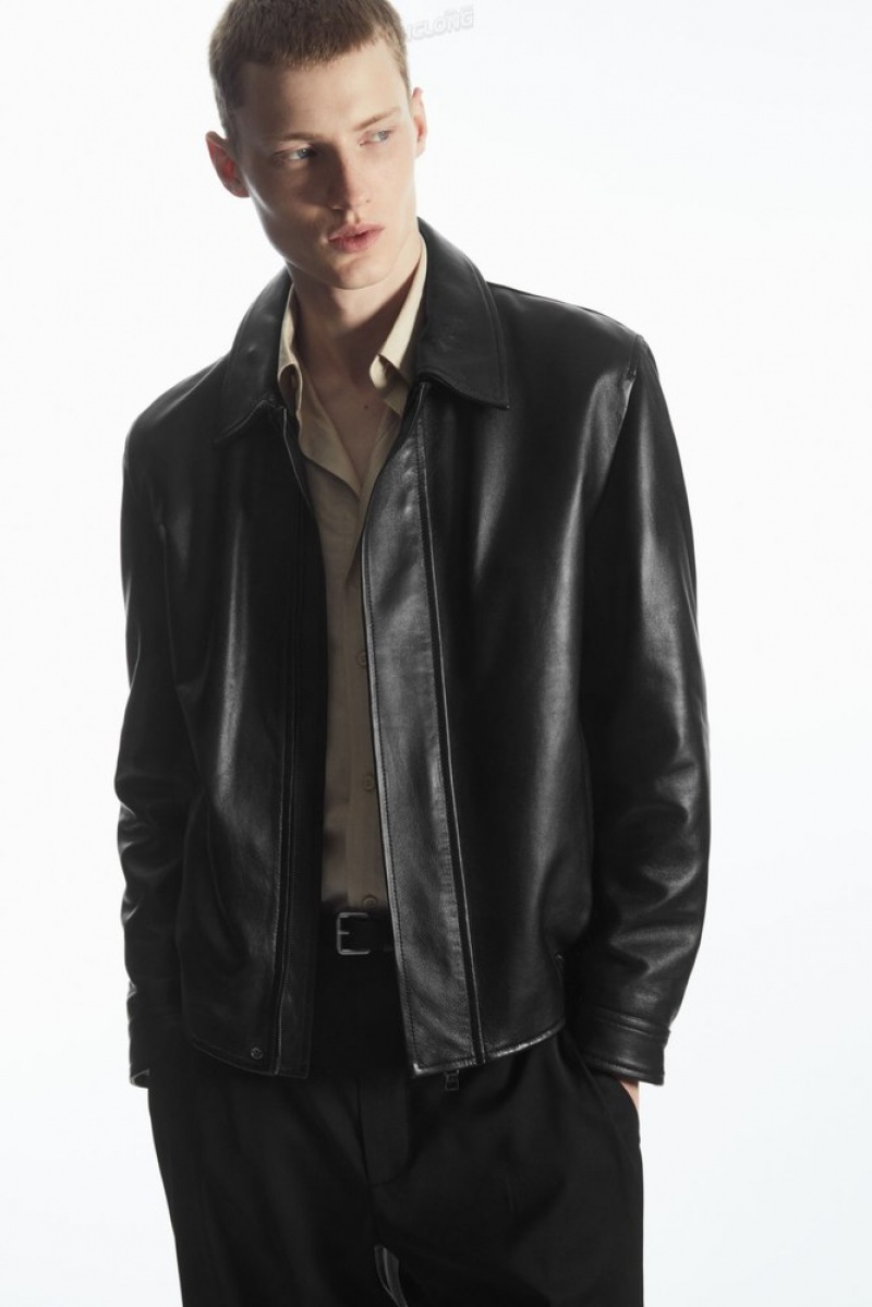 Black COS Leather Jacket Coats & Jackets | 461728-KZH