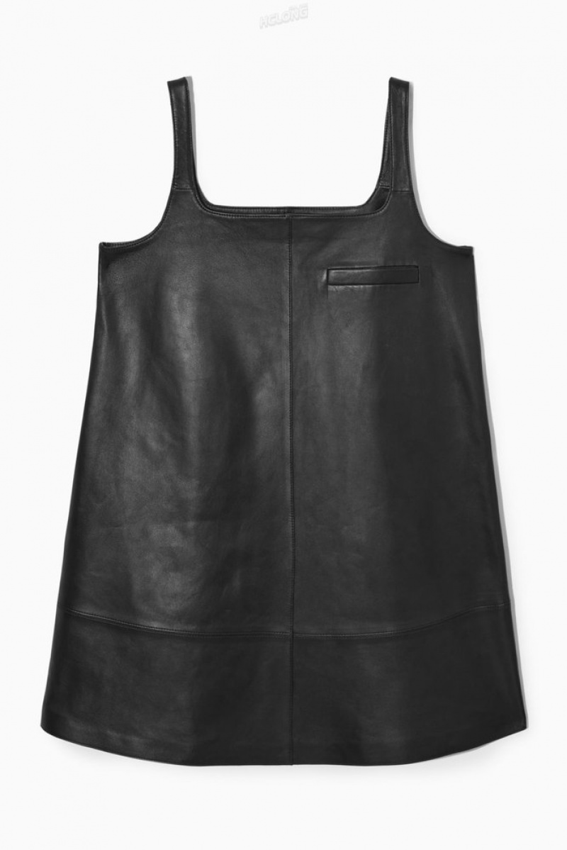 Black COS Leather Mini Pinafore Dress Dresses | 734051-AMR