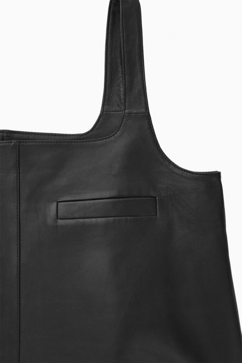 Black COS Leather Mini Pinafore Dress Dresses | 734051-AMR