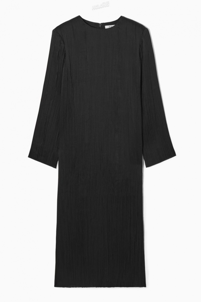 Black COS Long-Sleeved Plissé Midi Dress Dresses | 970138-ZAC